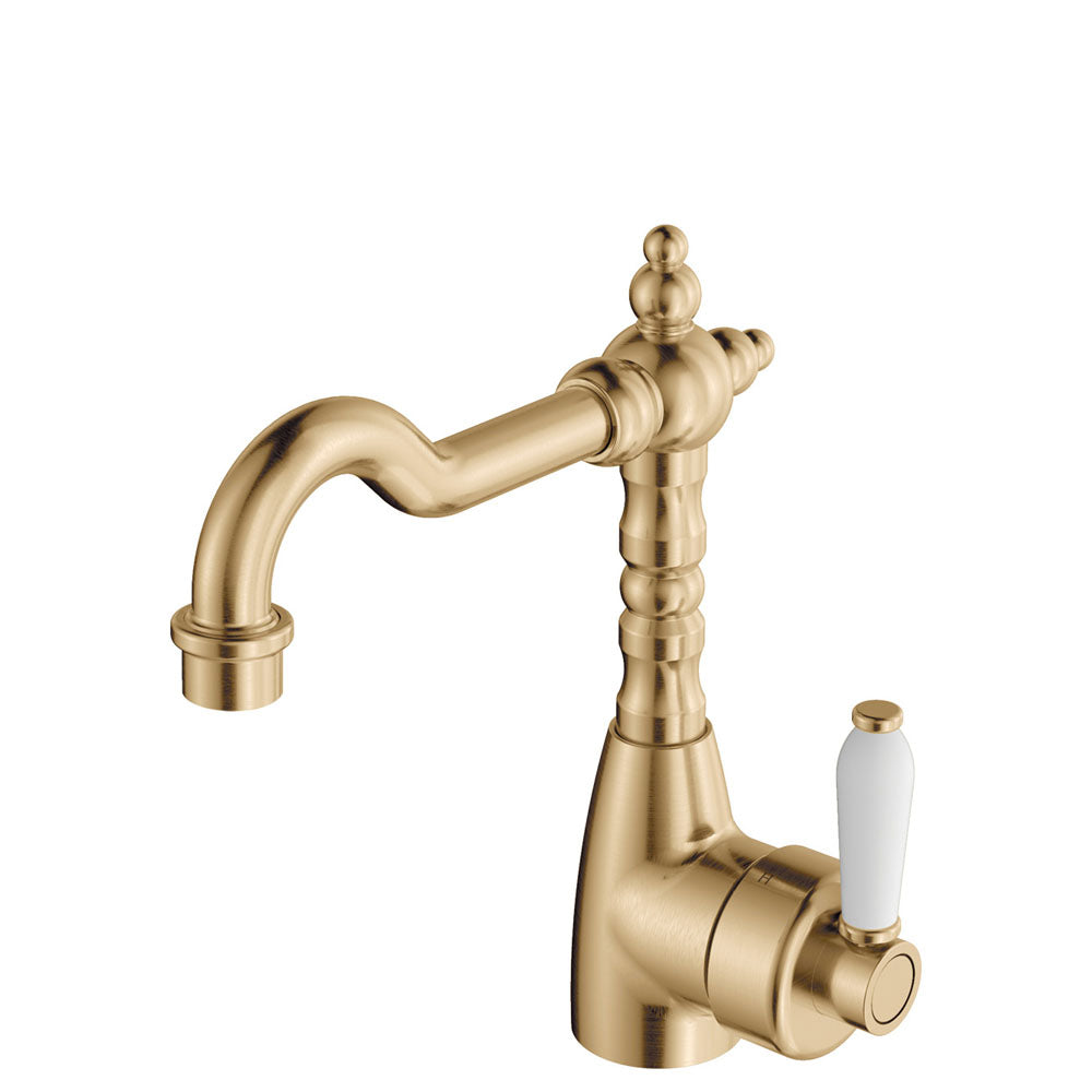 Fienza Eleanor Shepherds Crook Basin Mixer - Urban Brass / Ceramic