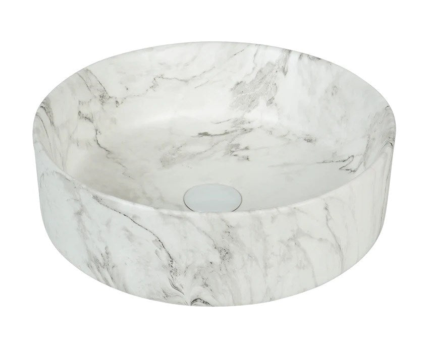 Aquaperla 405x405x130mm Above Counter Basin - Matte White With Delicate Stone-Look Veining
