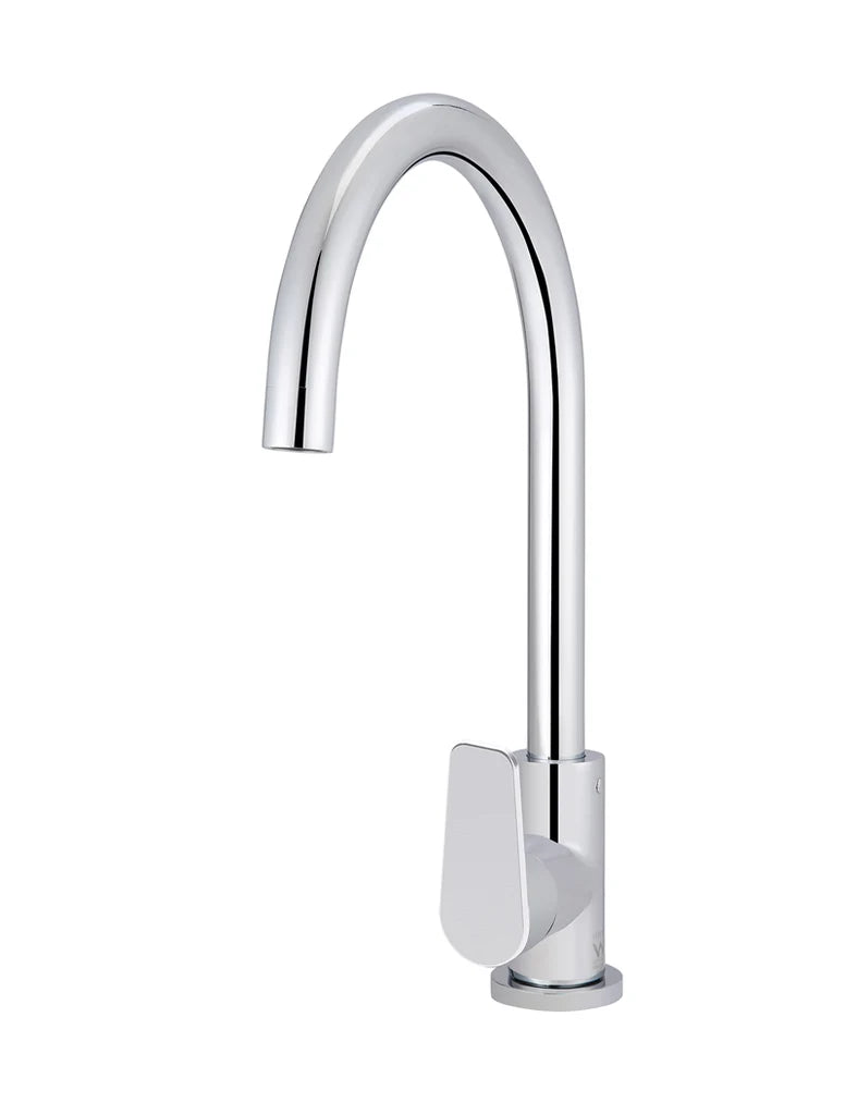 Meir Round Gooseneck Kitchen Mixer Tap with Paddle Handle - Polished Chrome