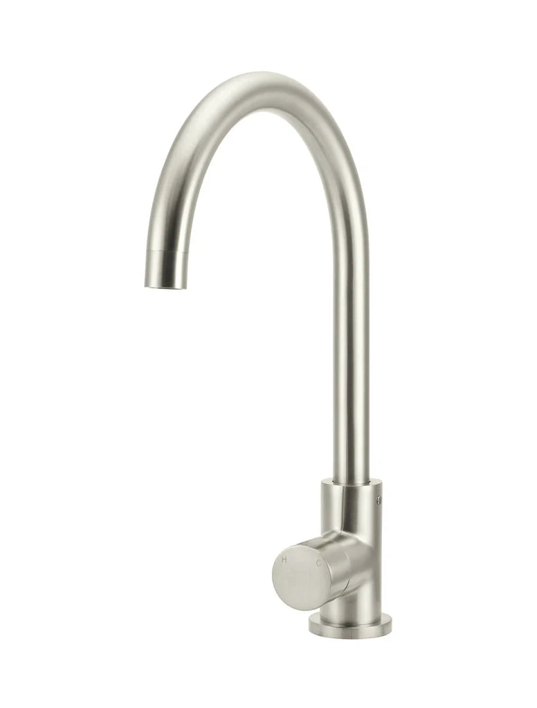 Meir Round Gooseneck Kitchen Mixer Tap with Pinless Handle - PVD Brushed Nickel