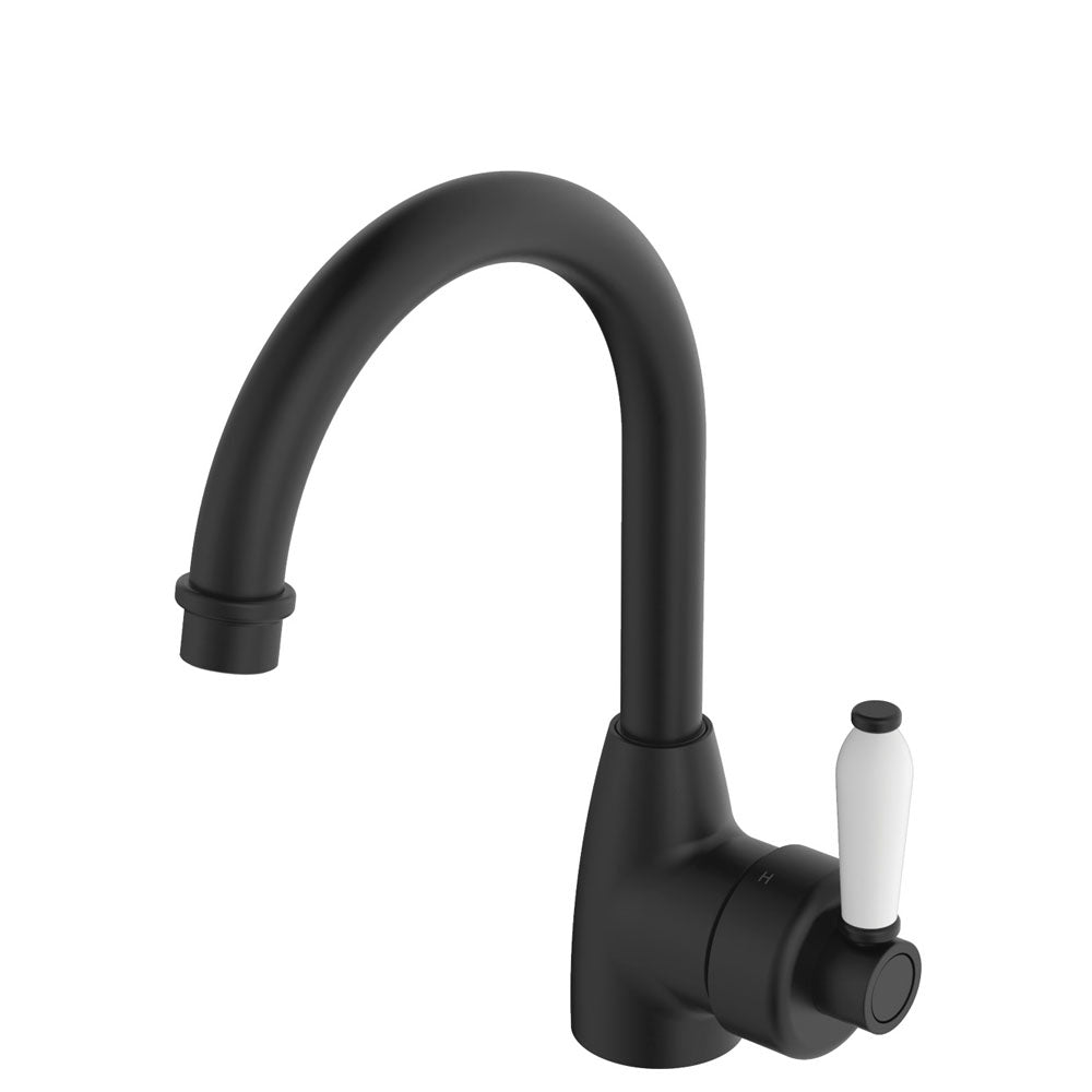 Fienza Eleanor Gooseneck Basin Mixer - Matte Black / Ceramic - 202104BK-LF