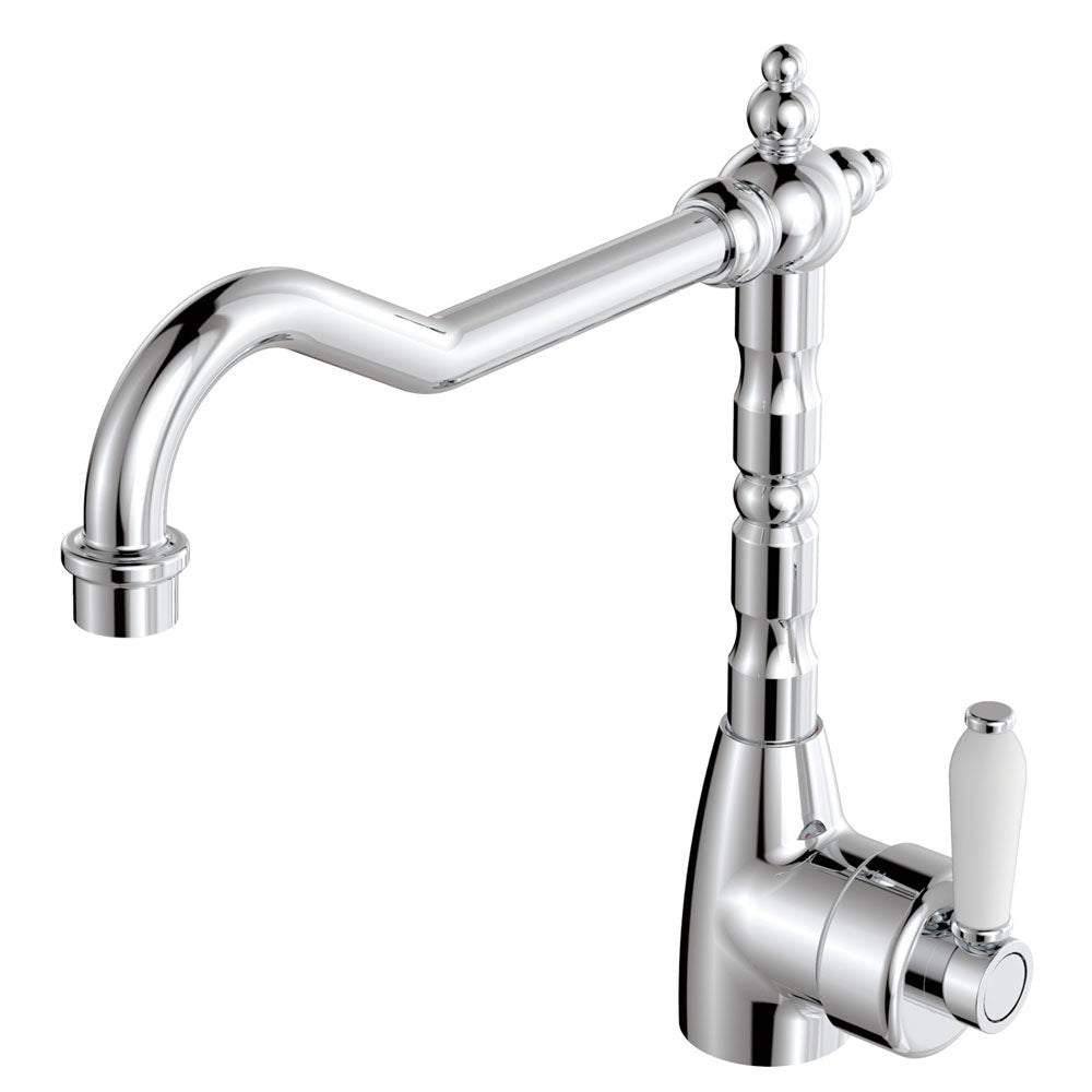 Fienza Eleanor Shepherds Crook Kitchen Sink Mixer Chrome White Handle