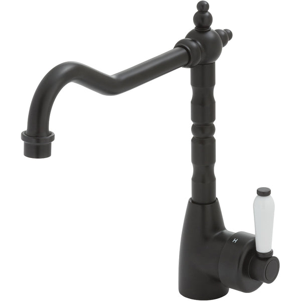 Fienza Eleanor Shepherds Crook Sink Mixer, Matte Black / Ceramic
