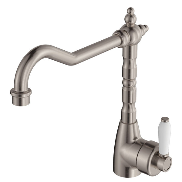Fienza Eleanor Shepherds Crook Sink Mixer, Brushed Nickel / Ceramic - 202105BN