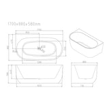 Aquaperla Anna Series 1700*880*580mm Back To Wall Acrylic Bathtub - Gloss White