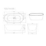Aquaperla ISEO Series 1500*750*580mm Ultra-slim Freestanding Acrylic Bathtub - Gloss White